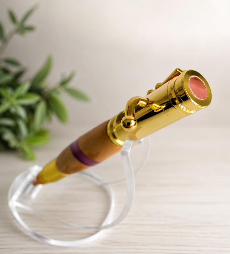 FULL SIZE OLIVE WOOD BOLT ACTION PEN. Handmade features Bolt action & rifle clip with chrome and copper finish.
