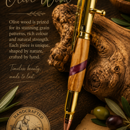 FULL SIZE OLIVE WOOD BOLT ACTION PEN. Handmade features Bolt action & rifle clip with chrome and copper finish.