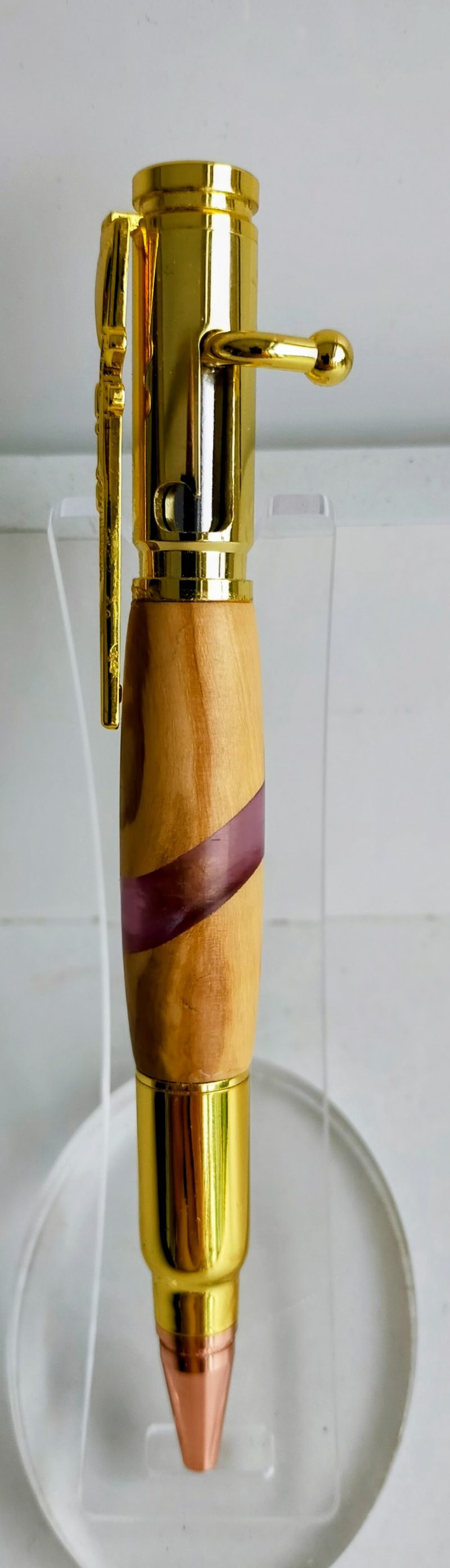 FULL SIZE OLIVE WOOD BOLT ACTION PEN. Handmade features Bolt action & rifle clip with chrome and copper finish.