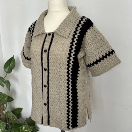 Handmade Unisex Crochet Polo Shirt - Beige & Navy Zig-Zag