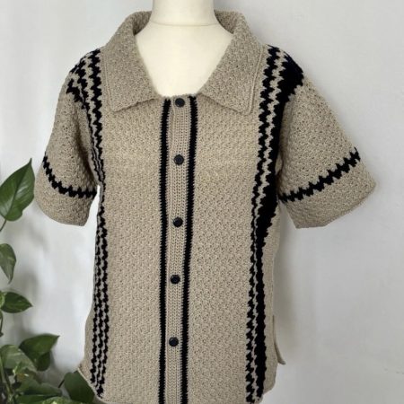 Handmade Unisex Crochet Polo Shirt - Beige & Navy Zig-Zag