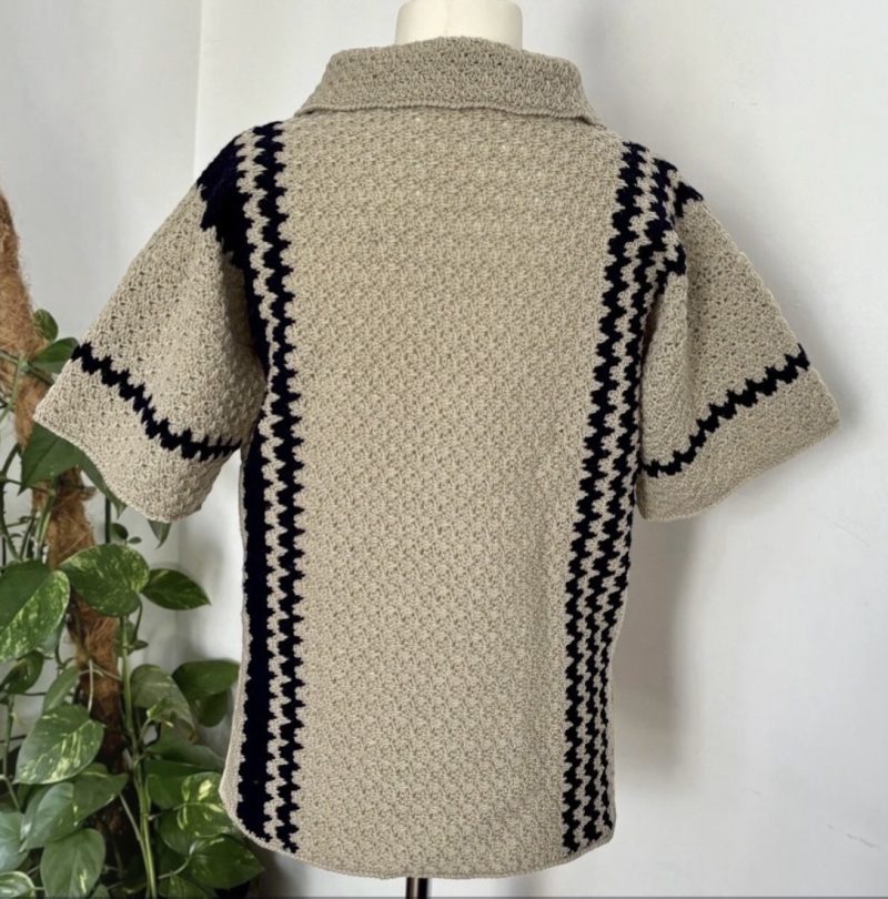 Handmade Unisex Crochet Polo Shirt - Beige & Navy Zig-Zag