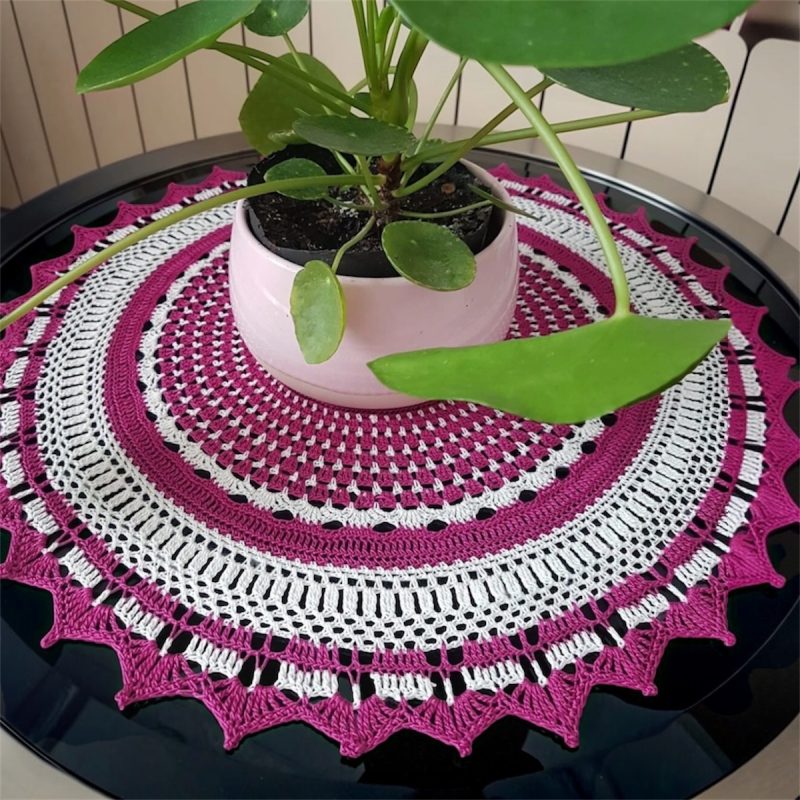 Handmade Large Crochet Mandala Doily - Fuchsia Pink and Cream (19 Inches)