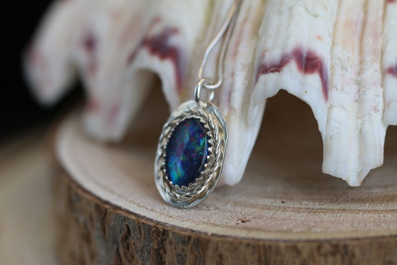 Handmade Hallmarked Sterling Silver Australian Opal Triplet Pendant and Snake Chain