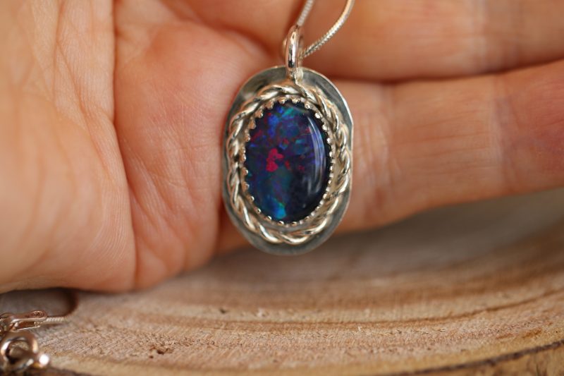 Handmade Hallmarked Sterling Silver Australian Opal Triplet Pendant and Snake Chain
