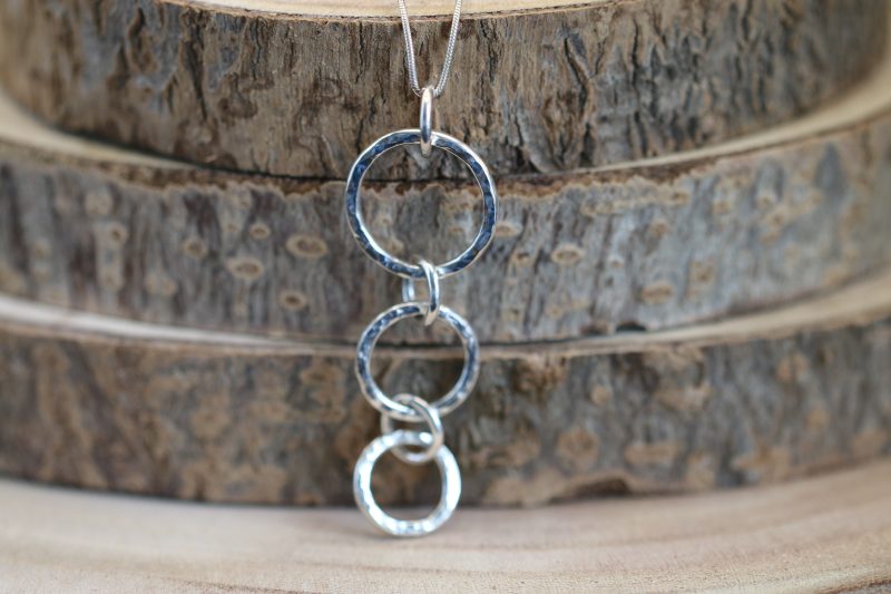 Handmade Hallmarked Sterling Silver Hammered 3 Circle Drop Pendant 18" Chain