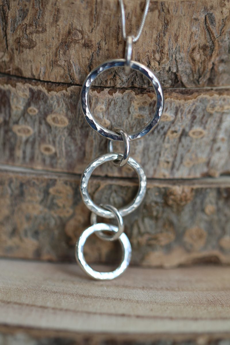 Handmade Hallmarked Sterling Silver Hammered 3 Circle Drop Pendant 18" Chain