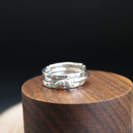 Handmade Hallmarked Sterling Silver Stacking Ring Set with Netted Dog Whelk Shell Accent Size O