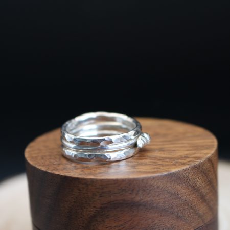 Handmade Hallmarked Sterling Silver Stacking Ring Set with Netted Dog Whelk Shell Accent Size O
