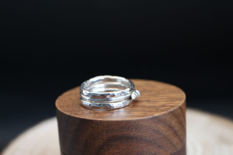 Handmade Hallmarked Sterling Silver Stacking Ring Set with Netted Dog Whelk Shell Accent Size O