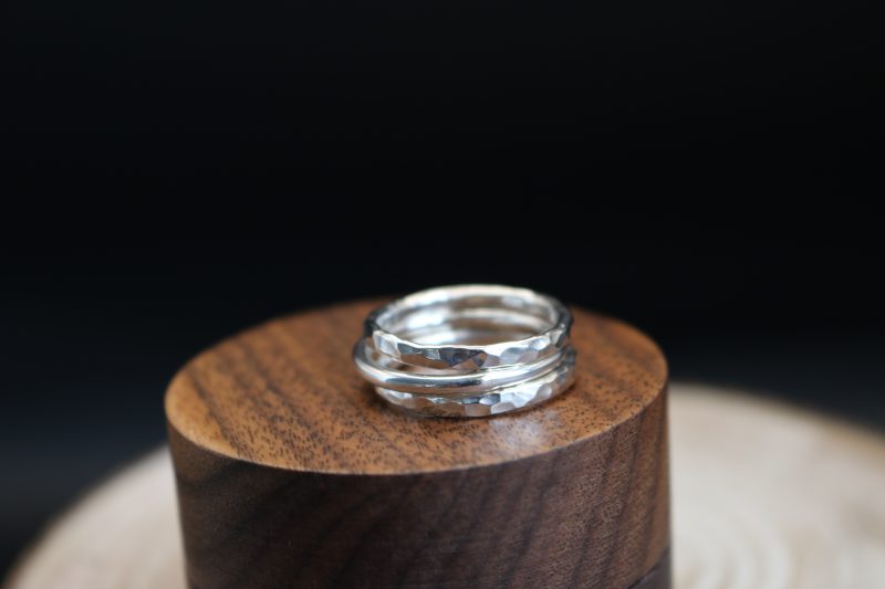 Handmade Hallmarked Sterling Silver Stacking Ring Set with Netted Dog Whelk Shell Accent Size O