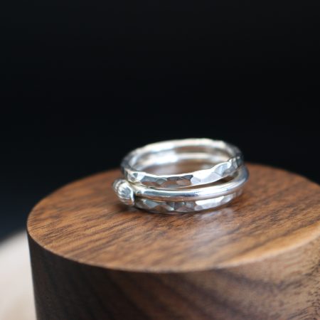 Handmade Hallmarked Sterling Silver Stacking Ring Set with Netted Dog Whelk Shell Accent Size O