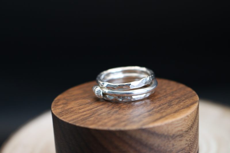 Handmade Hallmarked Sterling Silver Stacking Ring Set with Netted Dog Whelk Shell Accent Size O