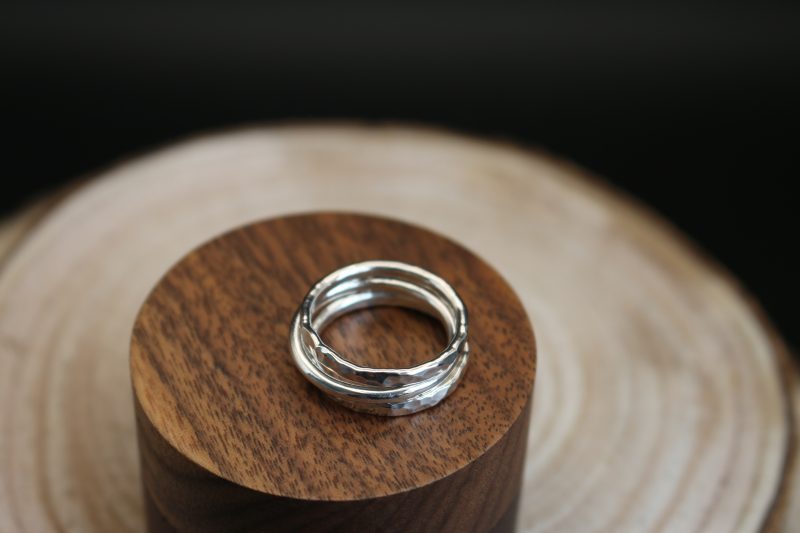 Handmade Hallmarked Sterling Silver Stacking Ring Set with Netted Dog Whelk Shell Accent Size O