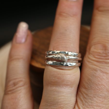 Handmade Hallmarked Sterling Silver Stacking Ring Set with Netted Dog Whelk Shell Accent Size O