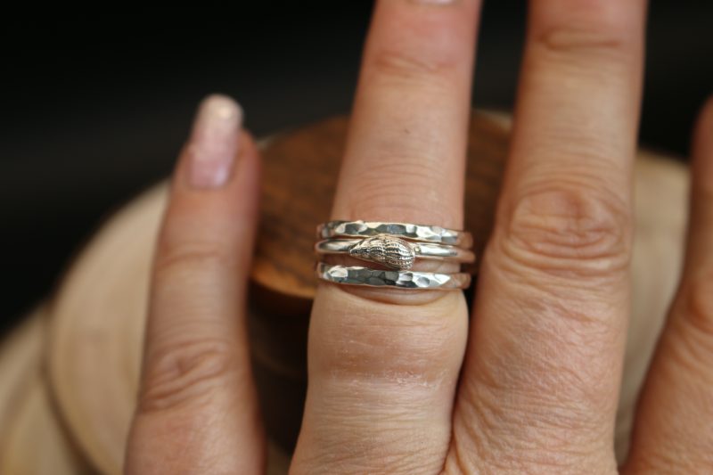 Handmade Hallmarked Sterling Silver Stacking Ring Set with Netted Dog Whelk Shell Accent Size O