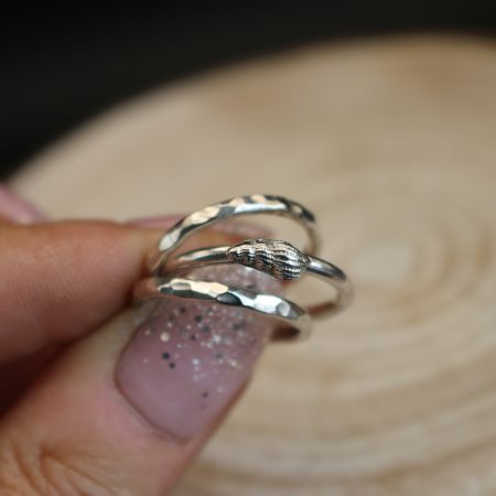 Handmade Hallmarked Sterling Silver Stacking Ring Set with Netted Dog Whelk Shell Accent Size O