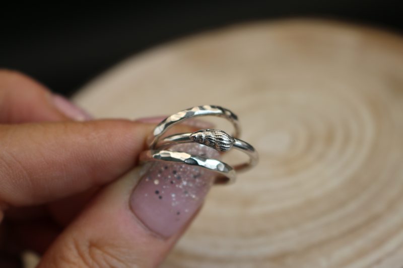 Handmade Hallmarked Sterling Silver Stacking Ring Set with Netted Dog Whelk Shell Accent Size O
