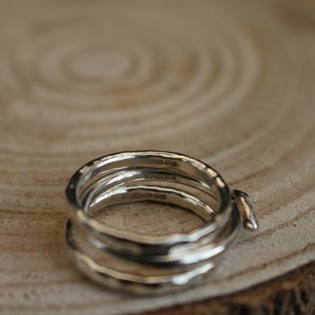 Handmade Hallmarked Sterling Silver Stacking Ring Set with Netted Dog Whelk Shell Accent Size O