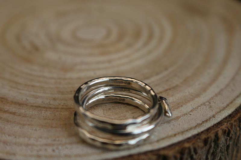 Handmade Hallmarked Sterling Silver Stacking Ring Set with Netted Dog Whelk Shell Accent Size O