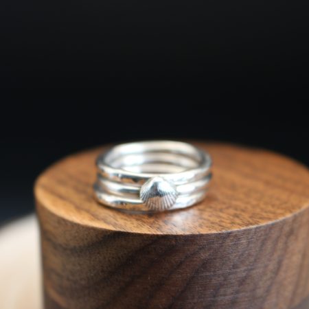 Handmade Hallmarked Sterling Silver Stacking Ring Set with Cockle Shell Accent Size L