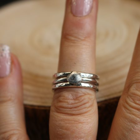 Handmade Hallmarked Sterling Silver Stacking Ring Set with Cockle Shell Accent Size L