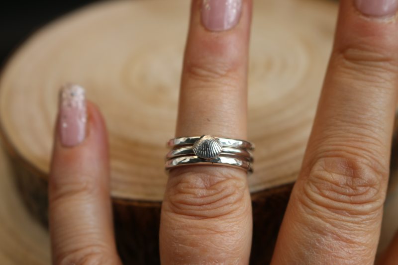 Handmade Hallmarked Sterling Silver Stacking Ring Set with Cockle Shell Accent Size L