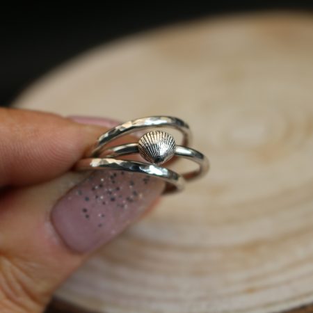 Handmade Hallmarked Sterling Silver Stacking Ring Set with Cockle Shell Accent Size L