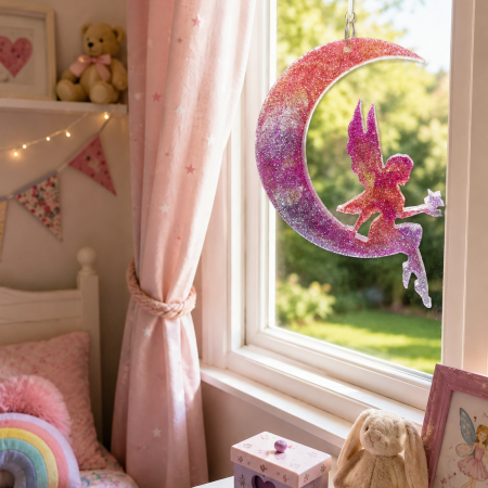 Very Cute Sparkly Resin Fairy Suncatcher in Pink and Purple. A Lovely Gift For A Childs Room