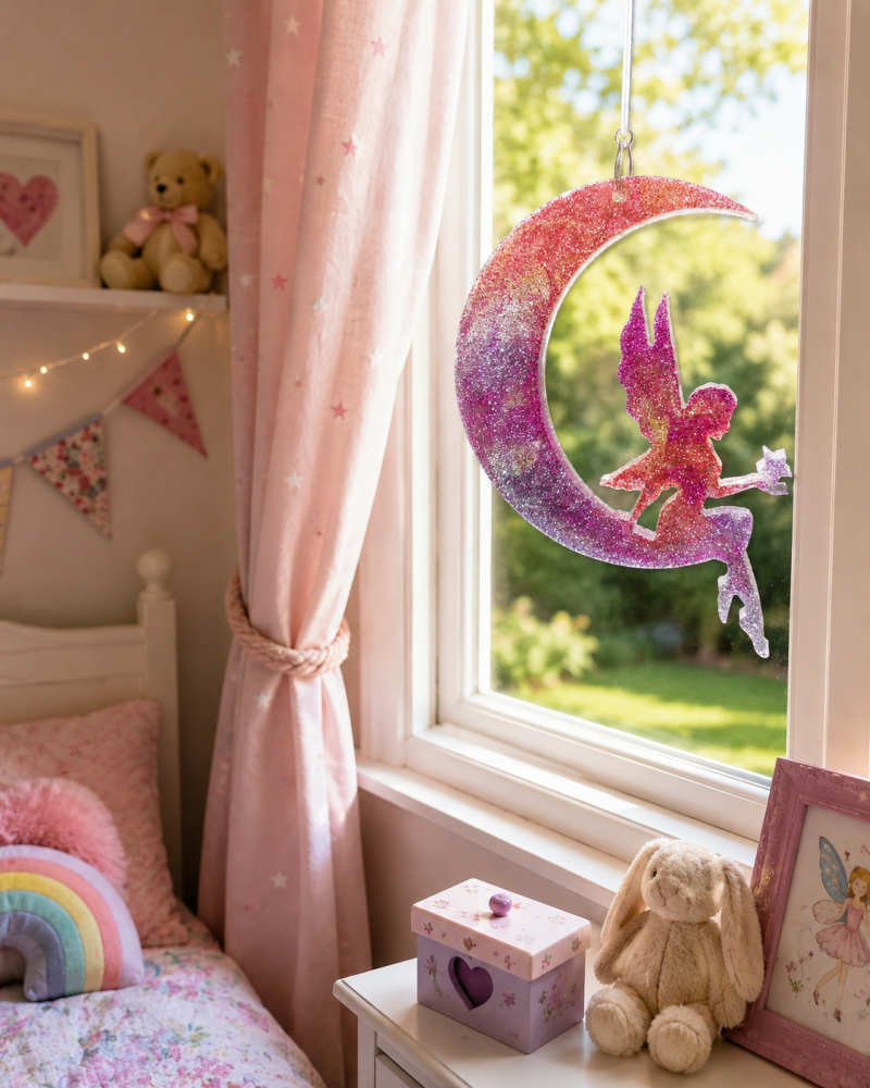Very Cute Sparkly Resin Fairy Suncatcher in Pink and Purple. A Lovely Gift For A Childs Room