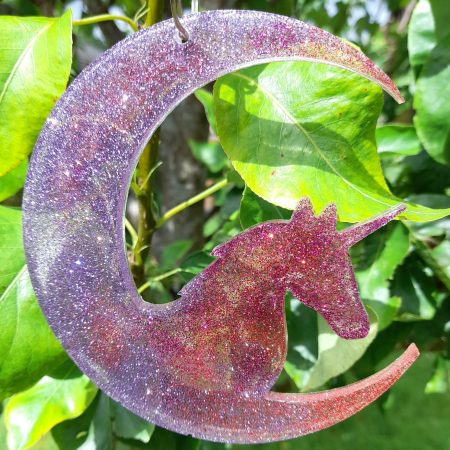 Very Cute Sparkly Resin Unicorn Suncatcher in Pink and Purple. A Lovely Gift For A Childs Room