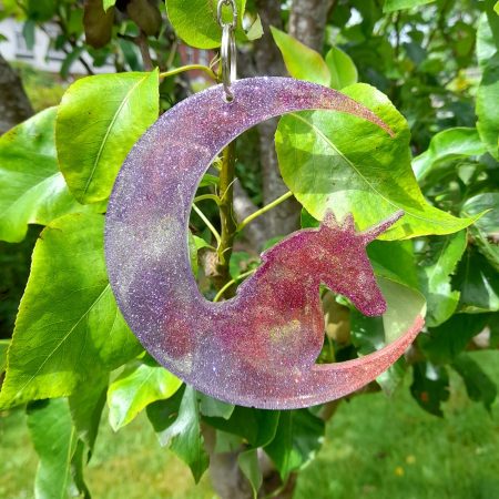 Very Cute Sparkly Resin Unicorn Suncatcher in Pink and Purple. A Lovely Gift For A Childs Room