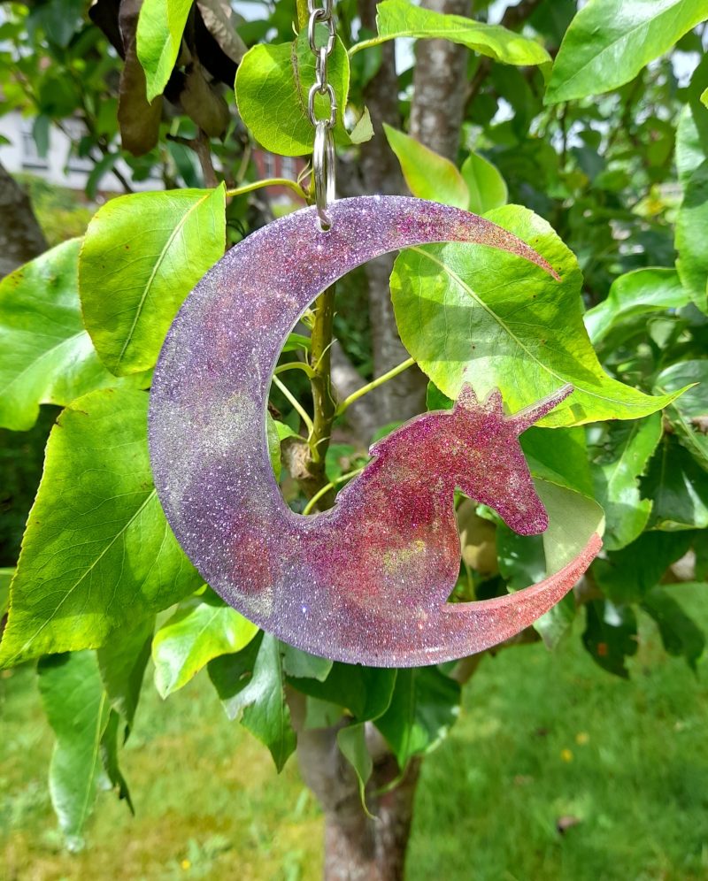 Very Cute Sparkly Resin Unicorn Suncatcher in Pink and Purple. A Lovely Gift For A Childs Room
