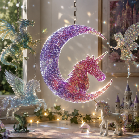 Very Cute Sparkly Resin Unicorn Suncatcher in Pink and Purple. A Lovely Gift For A Childs Room