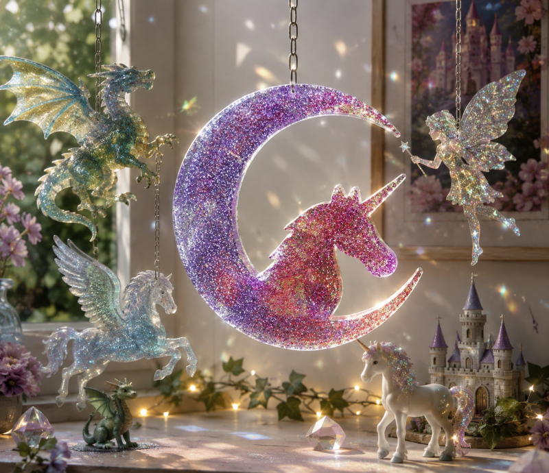 Very Cute Sparkly Resin Unicorn Suncatcher in Pink and Purple. A Lovely Gift For A Childs Room