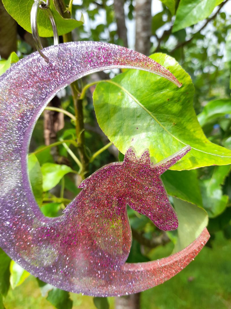 Very Cute Sparkly Resin Unicorn Suncatcher in Pink and Purple. A Lovely Gift For A Childs Room