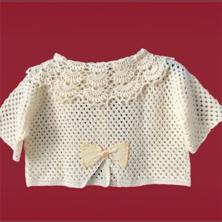 Handmade Crochet Crop Cardigan/ Top in Baby Corn Yellow with Lace Peter Pan Collar Size M