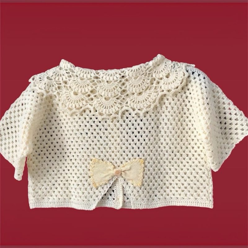 Handmade Crochet Crop Cardigan/ Top in Baby Corn Yellow with Lace Peter Pan Collar Size M
