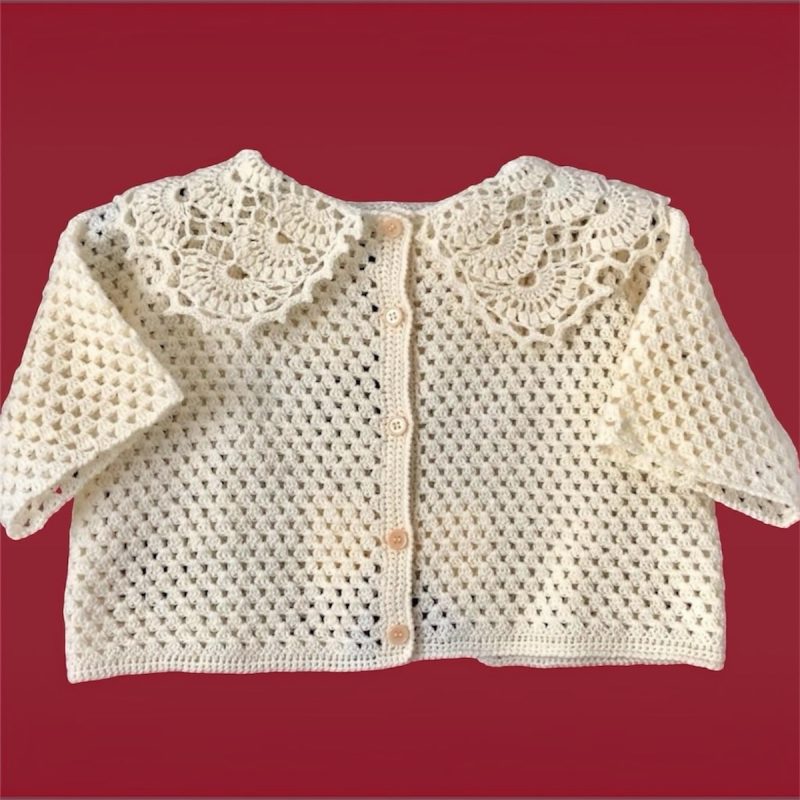 Handmade Crochet Crop Cardigan/ Top in Baby Corn Yellow with Lace Peter Pan Collar Size M