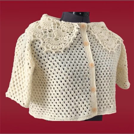 Handmade Crochet Crop Cardigan/ Top in Baby Corn Yellow with Lace Peter Pan Collar Size M