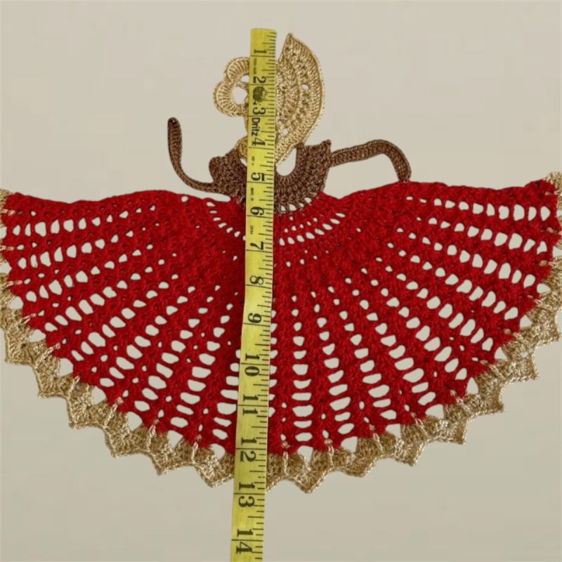 Large Handmade Red and Gold Victorian Crinoline Lady Crochet Motif Appliqué