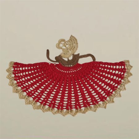 Large Handmade Red and Gold Victorian Crinoline Lady Crochet Motif Appliqué