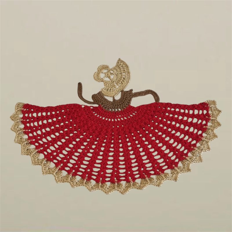 Large Handmade Red and Gold Victorian Crinoline Lady Crochet Motif Appliqué