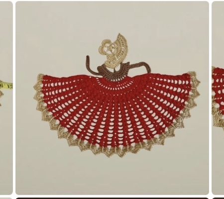 Large Handmade Red and Gold Victorian Crinoline Lady Crochet Motif Appliqué