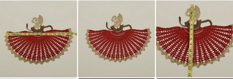 Large Handmade Red and Gold Victorian Crinoline Lady Crochet Motif Appliqué