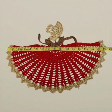 Large Handmade Red and Gold Victorian Crinoline Lady Crochet Motif Appliqué