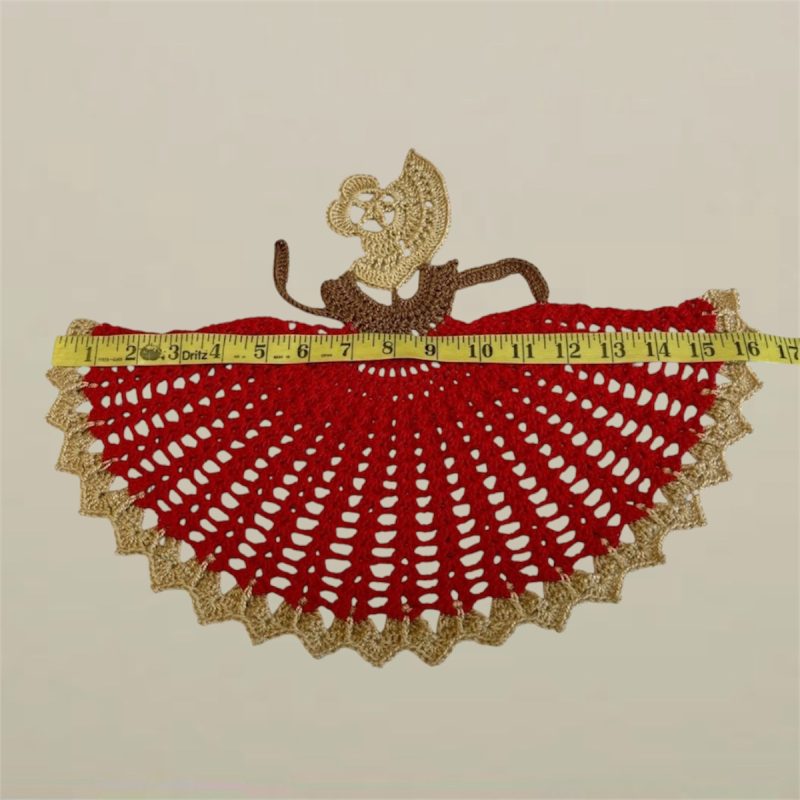 Large Handmade Red and Gold Victorian Crinoline Lady Crochet Motif Appliqué
