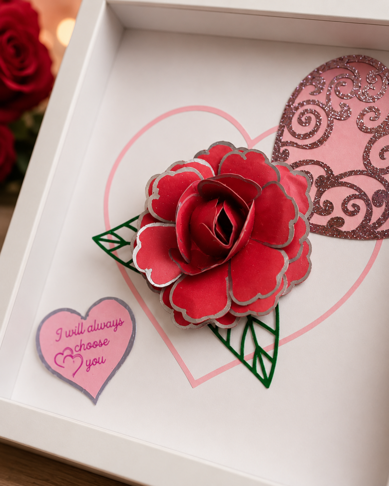 Hand Made Red Rose And Love Hearts Picture. A Romantic Gift For Someone Special