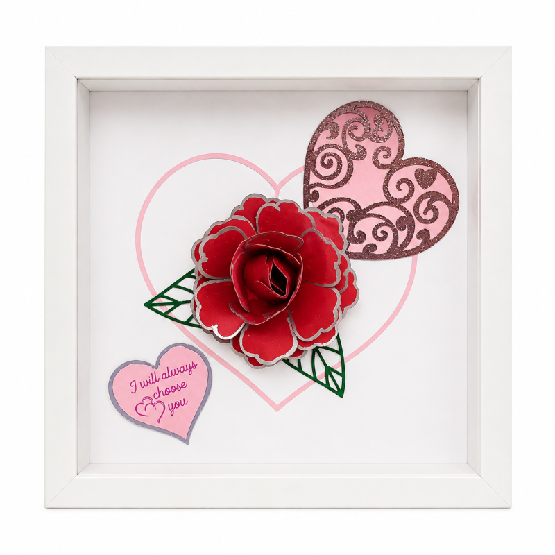 Hand Made Red Rose And Love Hearts Picture. A Romantic Gift For Someone Special