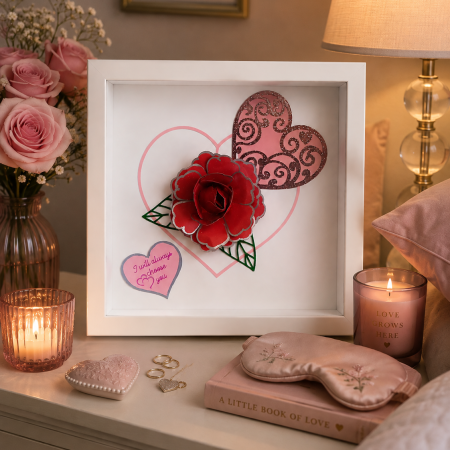 Hand Made Red Rose And Love Hearts Picture. A Romantic Gift For Someone Special